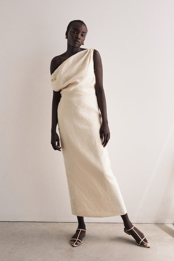Cass Buttermilk Linen Asym Midi Dress Cass Buttermilk Linen Asym Midi Dress
