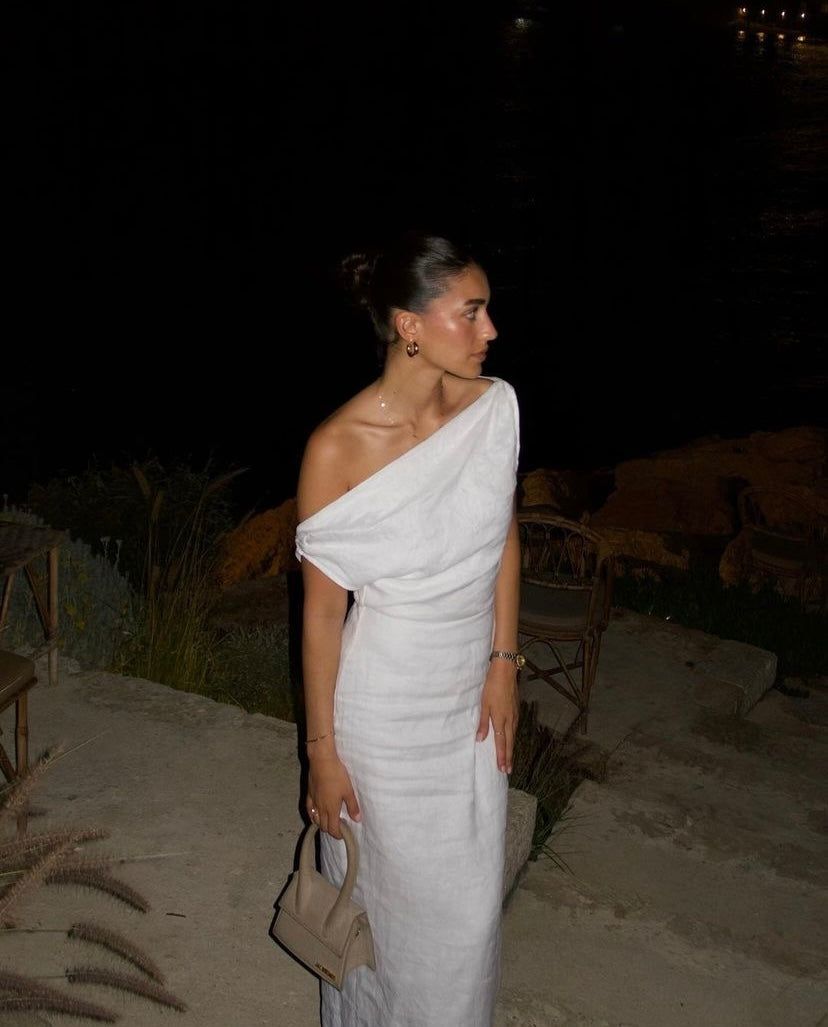 Cass White Asym Linen Midi Dress sarahsrentals Cass White Asym Linen Midi Dress sarahsrentals