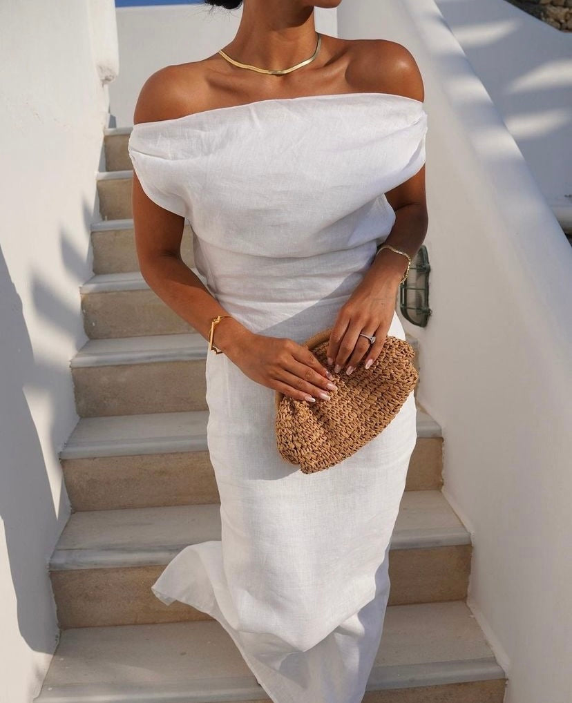 Cass White Asym Linen Midi Dress sarahsrentals Cass White Asym Linen Midi Dress sarahsrentals